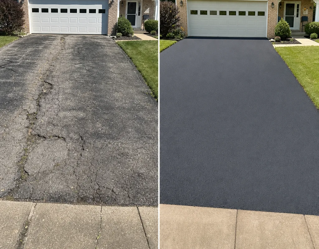 Before and after comparison of a cracked residential driveway and the same driveway after repaving