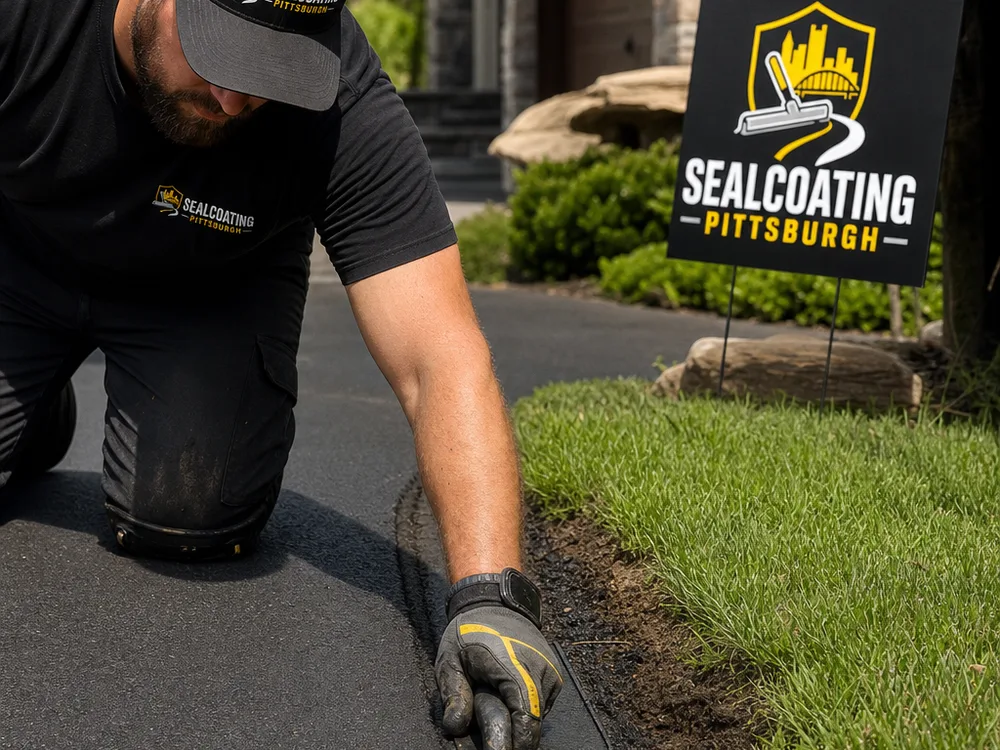 Residential driveway edge being hand-luted for a crisp line against soil and grass