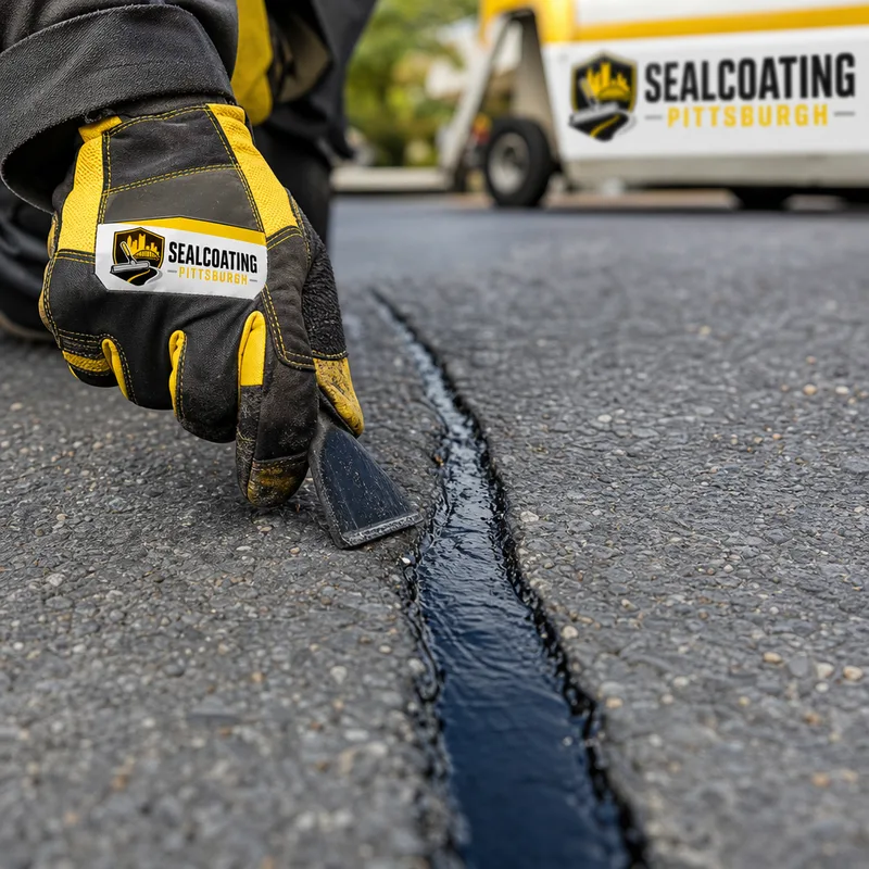 Close-up of a properly cleaned and sealed asphalt crack with neat edges