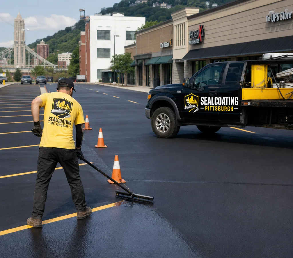 Freshly sealcoated commercial asphalt parking lot in Pittsburgh with crisp striping, traffic cones, curb lines, and a storefront