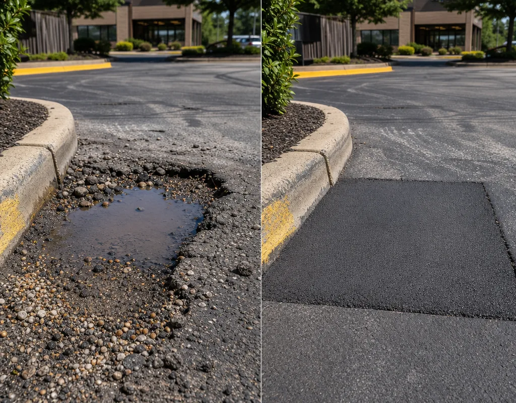 Before-and-after view of a pothole and broken parking lot edge repaired with a saw-cut full-depth patch