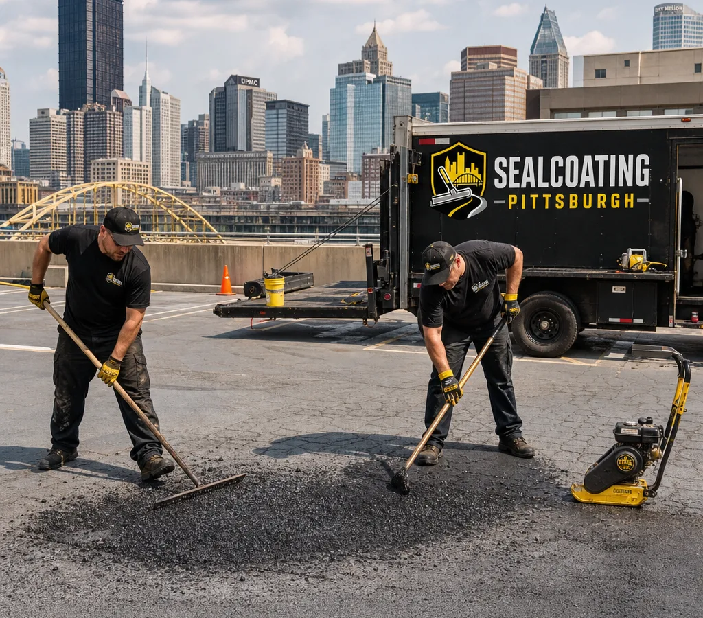 Crew patching a pothole and blending hot asphalt into an existing commercial lot with the Pittsburgh skyline in the distance