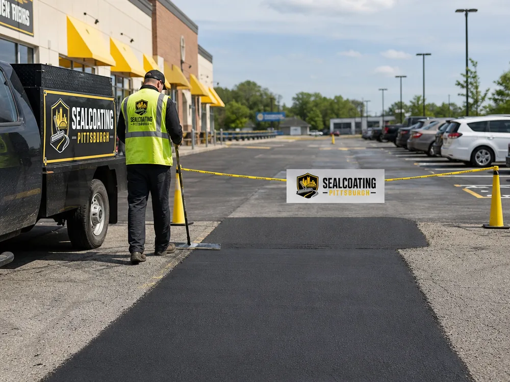 Freshly completed rectangular asphalt patches with clean joints in a commercial parking lot