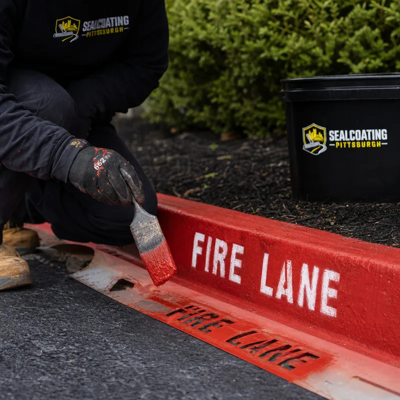 Close-up of red fire lane curb marking with clear stencil lettering and a straight edge