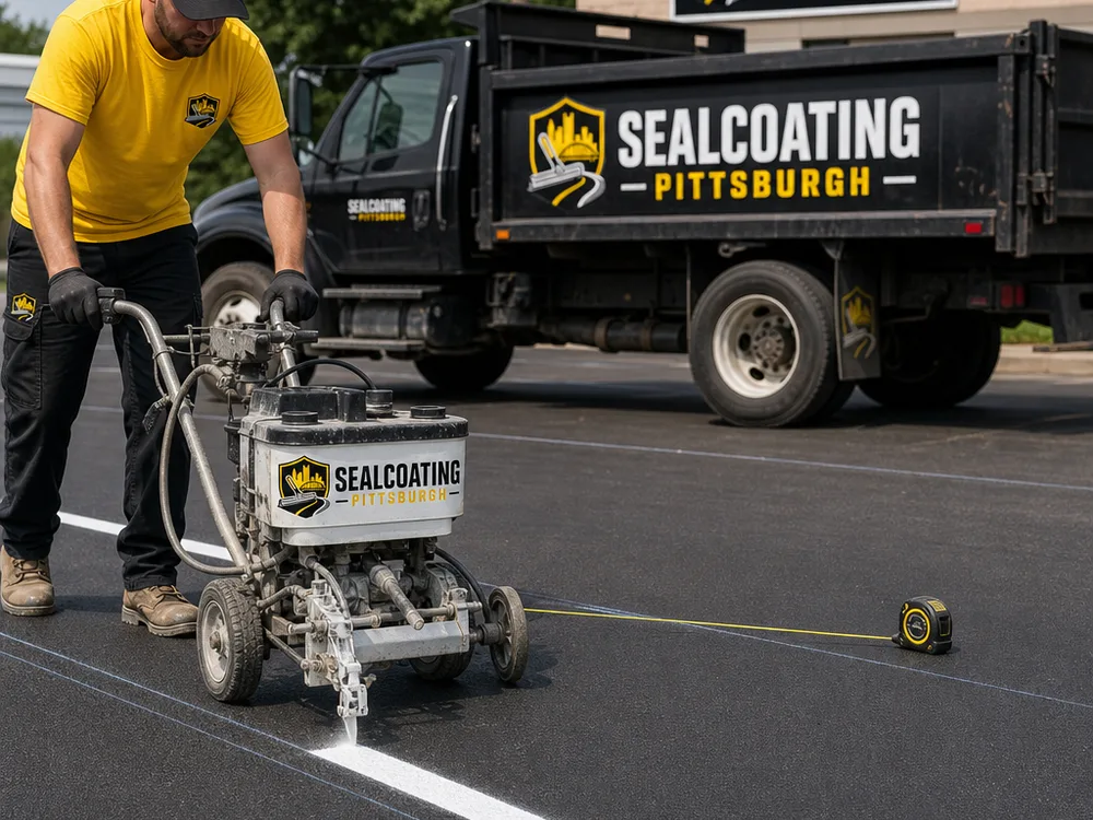 Striping technician applying a straight parking stall line over measured chalk marks on asphalt